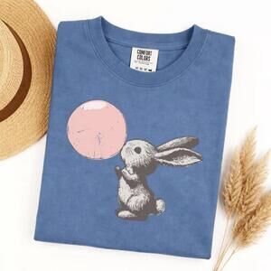 S Retro Bunny Blowing Bubble T-Shirt, Rabbit Graphic Tee, Funny Happy